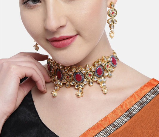 Stylish Kundan Ruby Pearls Gold Plated Choker