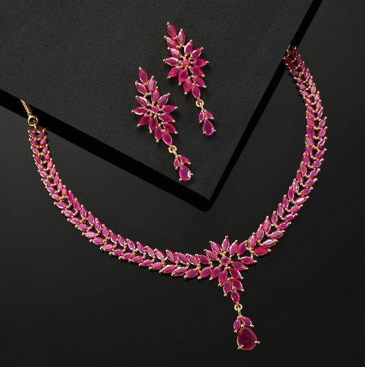 Imported Pink Ruby Gold Plated Floral Jewellery Set